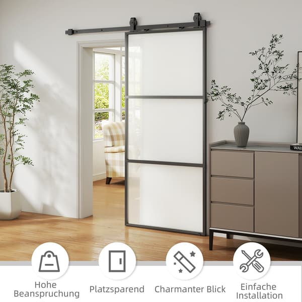 Skydedørssæt med matteret glas, soft-close, sort stål