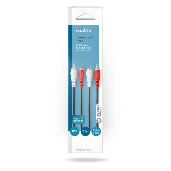 Stereoäänikaapeli | 2x RCA uros | 2x RCA uros | Niklattu | 2.00 m | Pyöreä | Musta | Laatikko