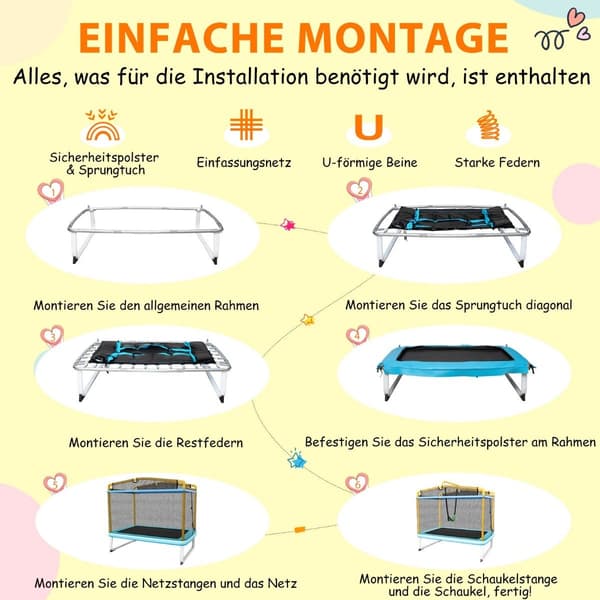 Rektangulär 3-i-1 studsmatta för barn 190 x 124 cm Fritidsstudsmatta med nät Blå + Gul