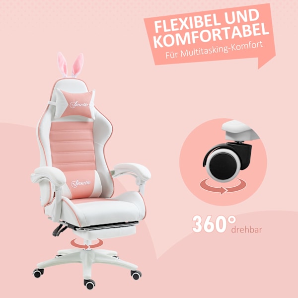 Pelituoli Ergonominen pelituoli ristiselän tuella, jalkatuki, pelituoli kanin korvilla, tyyny, korkeussäädettävä työtuoli, jossa säädettävä makuutoimi