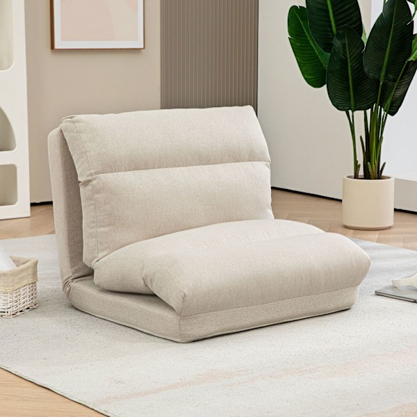 Foldbar gulvstol, med 6-trins justerbart ryglæn, tyk sædepolstring, sengefunktion, hørlook, 70 x 41 x 56 cm, brun