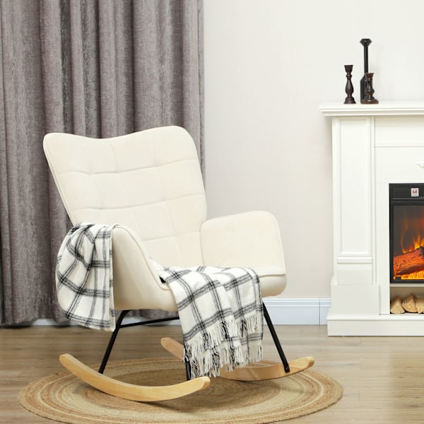 Gungstol, gungstol med sammetslook, armstöd, fåtölj med träskenor, relaxstol för vardagsrum, sovrum, beige