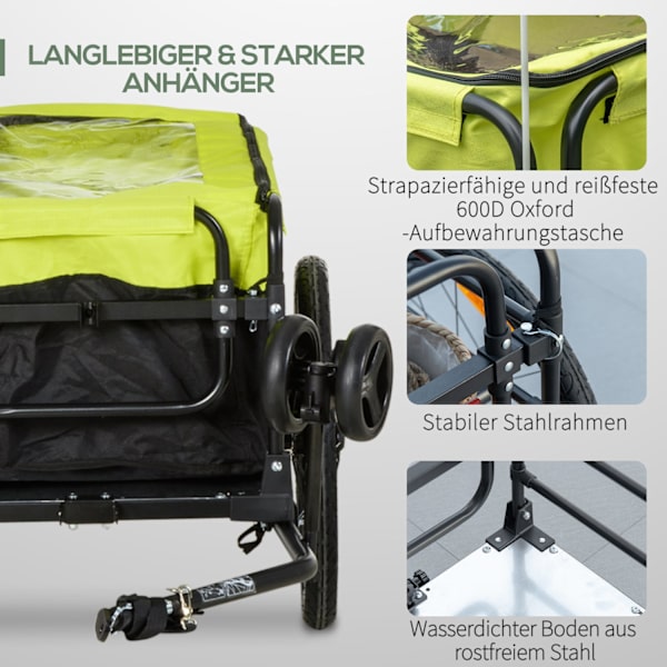 2-i-1 lastvagn, last 40 kg, med broms, förvaringsväska, lock, reflexer, Oxford, 130 x 64 x 103 cm, gul