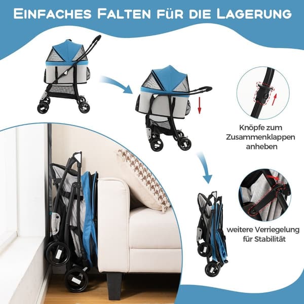 3-i-1 kæledyrsklapvogn, foldbar, op til 15 kg, blå