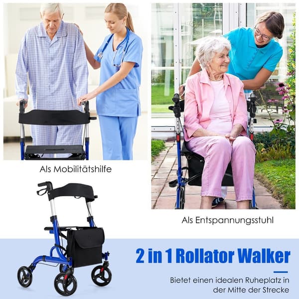 2-i-1 Walker & Rollator med säte, väska, dubbla bromsar