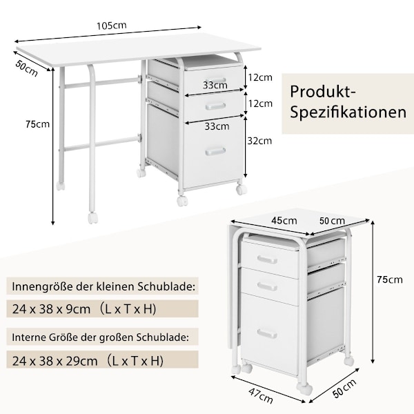 Foldebord med Hjul Computerbord 105 x 50 x 75 cm Hvid