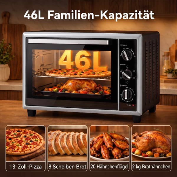 46L miniugn med varmluft, rotisserie, timer, svart