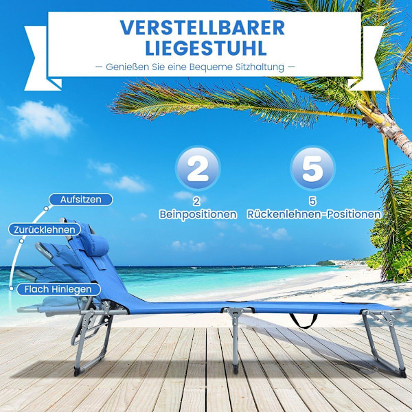 Solstol hopfällbar strandsäng 194 x 60 x 36-86 cm blå