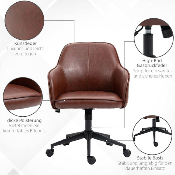 Kontorstol Skrivebordsstol Med Vippefunktion, Hjul, Imiteret Læderlook, 93-101 Cm Højdejusterbar, Op Til 120 Kg, Brun