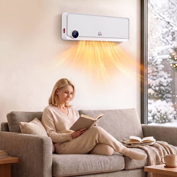 Väggvärmefläkt 2000 W med fjärrkontroll och LED-display, vit, 12-timmars timer