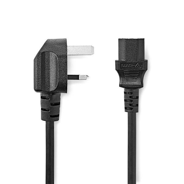 Sähköjohto | UK uros | IEC-320-C13 | Kulma | Suora | Niklattu | 2.00 m | Pyöreä | PVC | Musta | Label