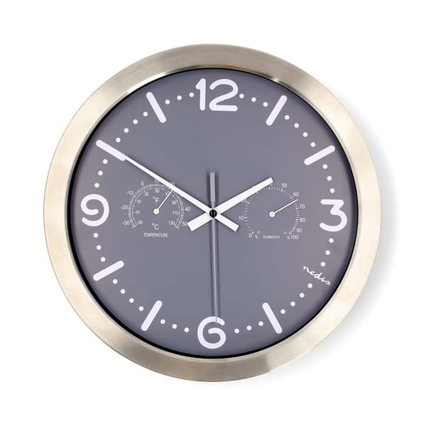 Tyst väggklocka, 300 mm, rostfritt stål, termometer