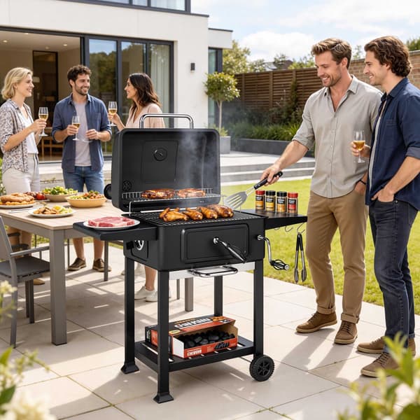 Trækulsgrillryger med justerbar kulpande og termometer