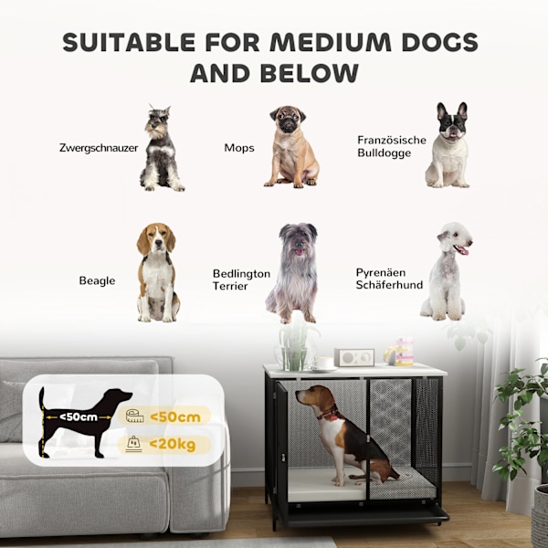 Hundebur til hjemmet, Låsbar hundekennel med pude, Hundebur med paller, Hundehus til mellemstore hunde under 20 kg, Grå, 88 x 55 x 71 cm