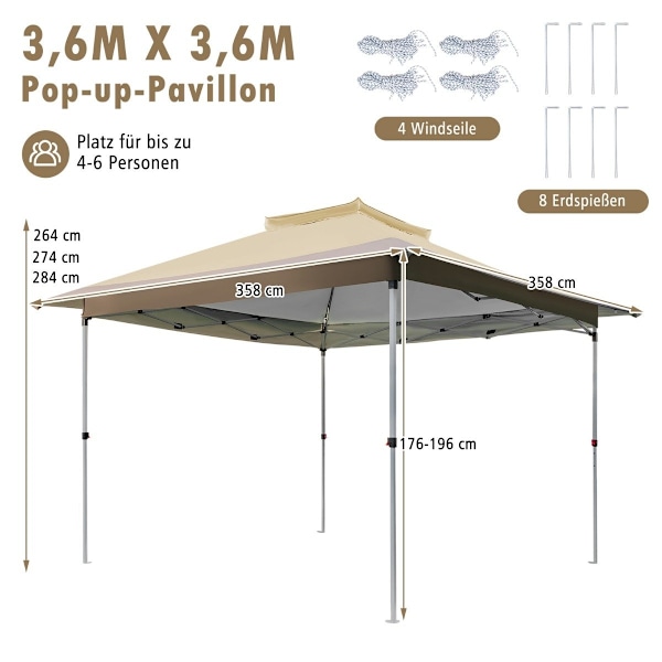 3,6 x 3,6m paviljong med dubbeltak, vattentät, stabil, vintertät, UV-skydd 50+