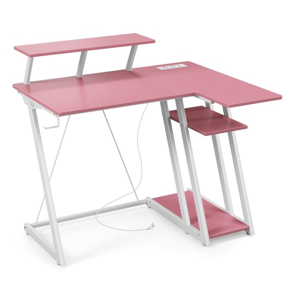 L-formet spillebord med strømudtag &amp; USB-porte med skærmhylde computerbord - pink