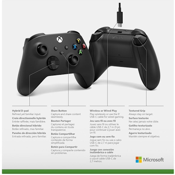 Microsoft Xbox - trådlös handkontroll + Windows-kabel, svart, - spelkontroll