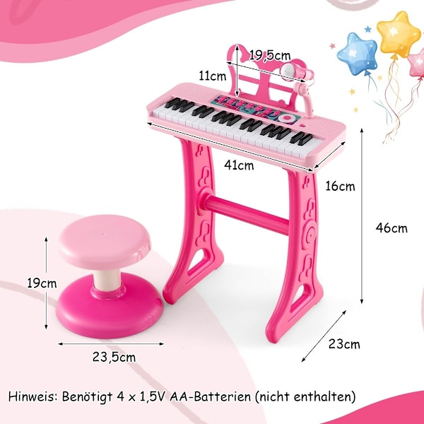 37 tangenter barnklaviatur barnpiano elektronisk med pallmikrofon & notställ rosa