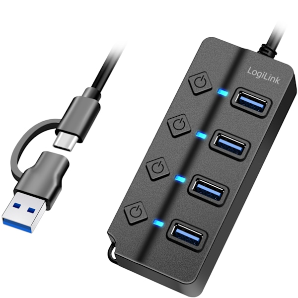 USB-hub 4-port med separate tænd/sluk-knapper USB-C/USB-A i USB 3.2 Gen1