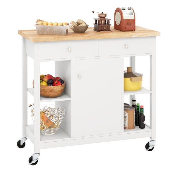 Køkkenvogn med hjul Køkkenø med bordplade Serveringsvogn med 2 skuffer 99 x 46 x 90 cm Hvid