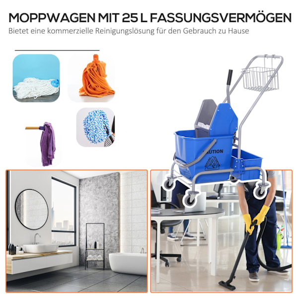 Städvagn, städvagn, mobil hink, städhink, 25 liters moppvagn med vridare, krok för mopp, hushållsvagn med 4 hjul, blå Aosom