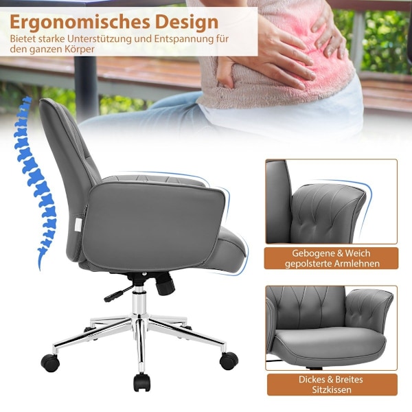 Kontorstol ergonomisk imiteret læder skrivebordsstol højdejusterbar drejestol grå
