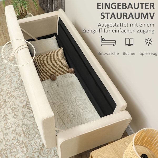 3 personers sofa, sofa med opbevaringsplads, træben, polstret sofa med fløjlslook til stue, soveværelse, 166,5 x 62 x 82 cm, cremehvid