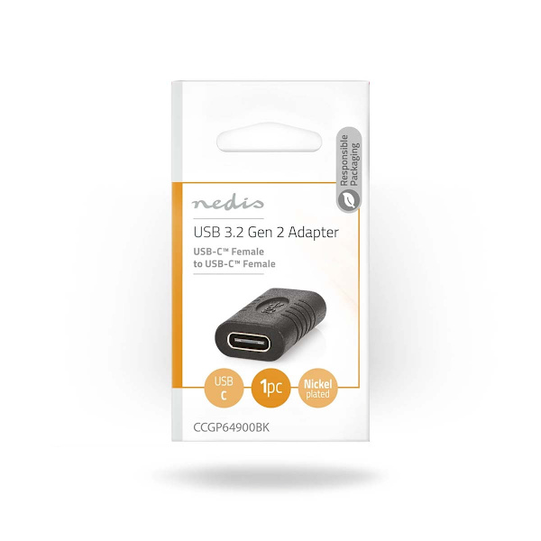 USB-C™ Adapter | USB 3.2 Gen 2 | USB-C™ Hona | USB-C™ Hona | 4K@60Hz | 10 Gbps | Rund | Nickelplaterad | Svart | Kuvert