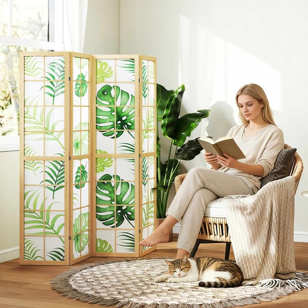 Vikbar rumsavdelare med 4 paneler, bohemisk palmdesign, grön