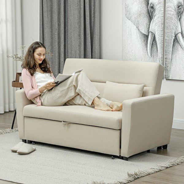 Sovesofa, 2-personers sofa med sovefunktion, justerbart ryglæn, sofa med hynder, fløjlslook, sovesofa med sengeboks til stue, gæsteværelse, beige