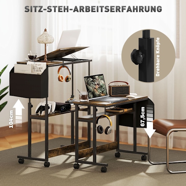 Højdejusterbart skrivebord 92 x 40 cm Computerskrivebord med hjul Vippeplatform Opbevaringspose til studiekontor Stål Rustik Brun