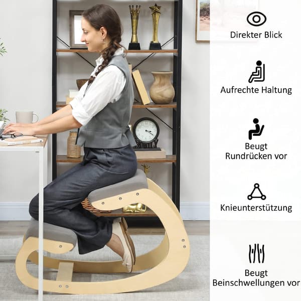 Ergonominen keinutuoli polvillaan, vaaleanharmaa, koivupuu