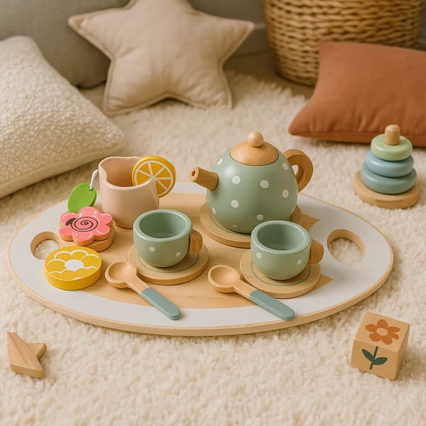Teservis av trä med tekanna och 14 koppar