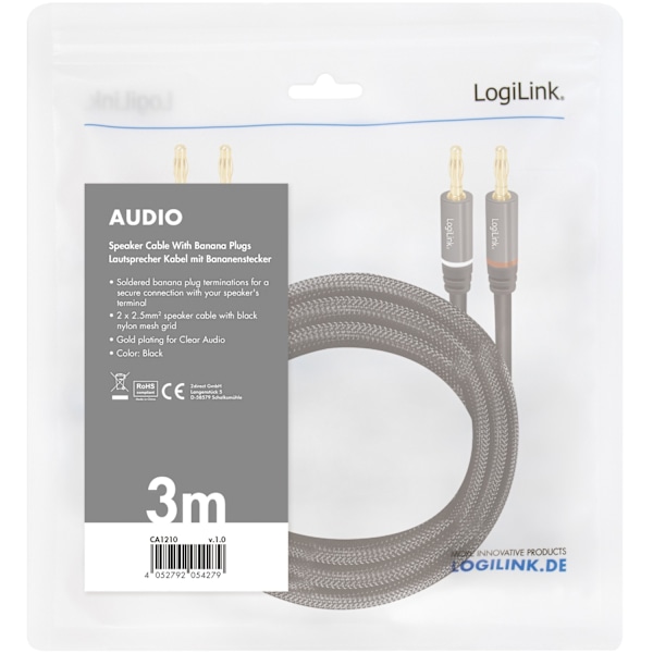 Højttalerkabel 2x2,5 mm² med bananstik Sort 3 meter