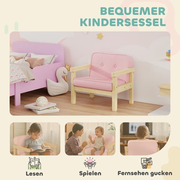 Børne fløjlsstol, skum, træben, 3-8 år, lyserød