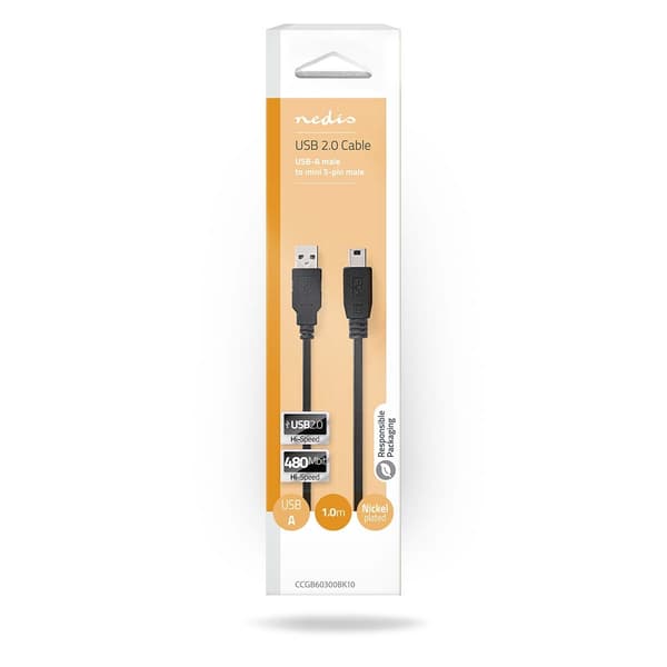 USB-kabel | USB 2.0 | USB-A Han | USB Mini-B 5-pins han | 480 Mbps | Nikkelplateret | 1.00 m | Runde | PVC | Sort | Box