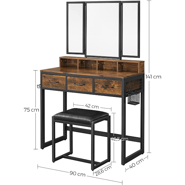 Sminkbord, stor utfällbar spegel, pall