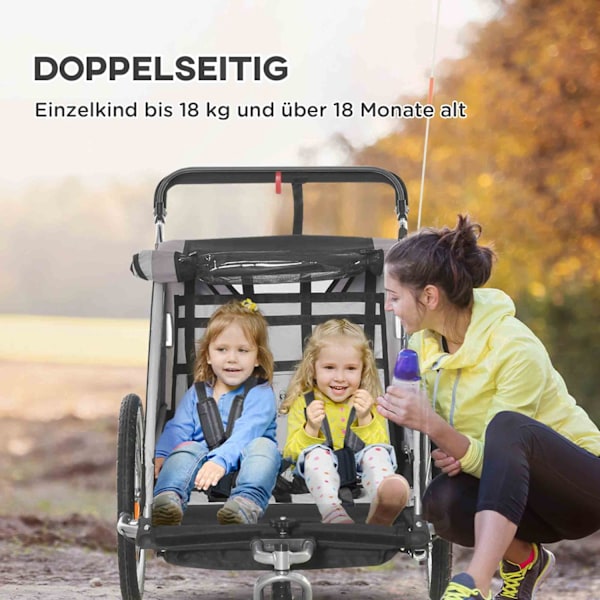 2 in 1 kokoontaittuva lasten peräkärry polkupyörän peräkärry irrotettavalla etupyörällä, takapyörän jarrut, lasten polkupyörän peräkärry 2 lapselle yl
