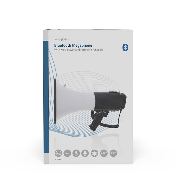 Megafon | Maximal räckvidd: 1500 m | Maximal volymkontroll: 120 dB | Löstagbar mikrofon | Inbyggd siren | Bluetooth® | Inspelningsfunktion | USB-uppsp