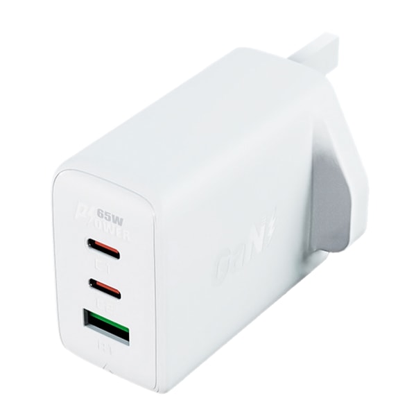 Nätladdare Engelsk kontakt UK GaN 65W 1x USB 2x USB-C PD vit