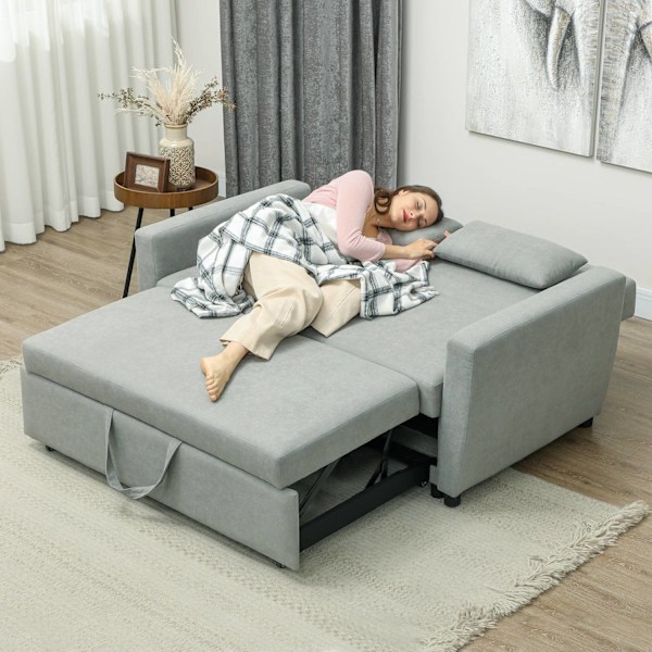 Bäddsoffa, 2-sits soffa med sovfunktion, justerbart ryggstöd, soffa med kuddar, sammetslook, bäddsoffa med bäddbox för vardagsrum, gästrum, ljusgrå
