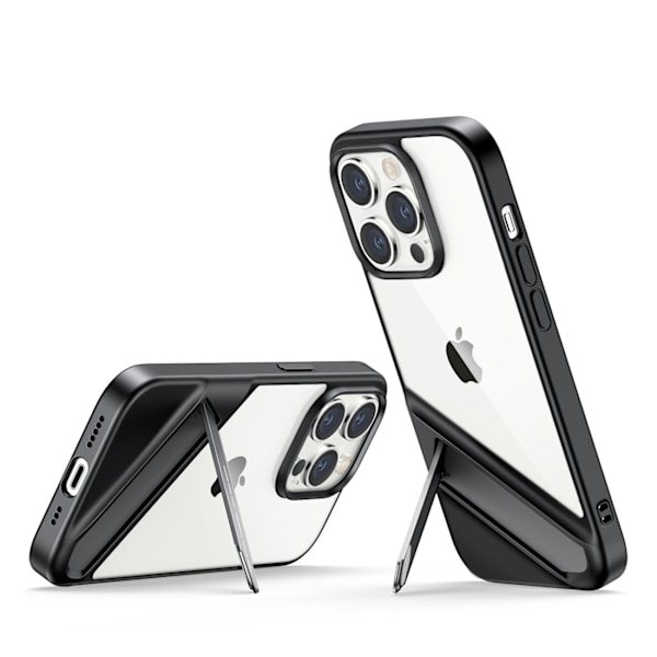 Jäykkä kotelo geelikehyksellä ja sisäänrakennetulla telineellä iPhone 14 Pro mustalle