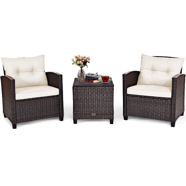 3 STK. Polyrattan loungesæt havemøbler rattan siddegruppe med sædehynder og sofabord beige