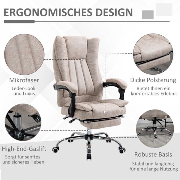 Kontorstol Drejestol Skrivebordsstol Med Tilbagelænet Funktion Fodstøtte Højdejusterbar Mikrofiber Beige + Sort + Sølv 63 X 71 X 110-118 Cm