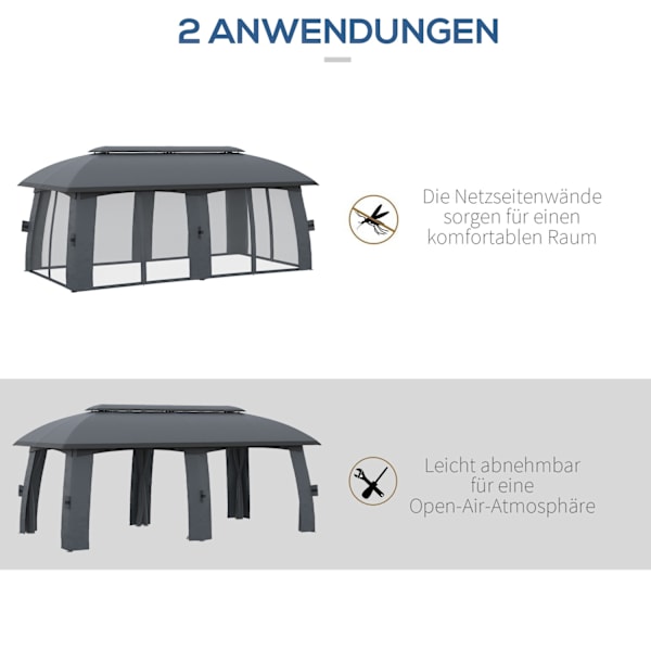 Havepavillon 3 x 6 m partytelt med dobbelt tag & sidevægge, fluenet til op til 15 personer, galvaniseret metal, mørkegrå