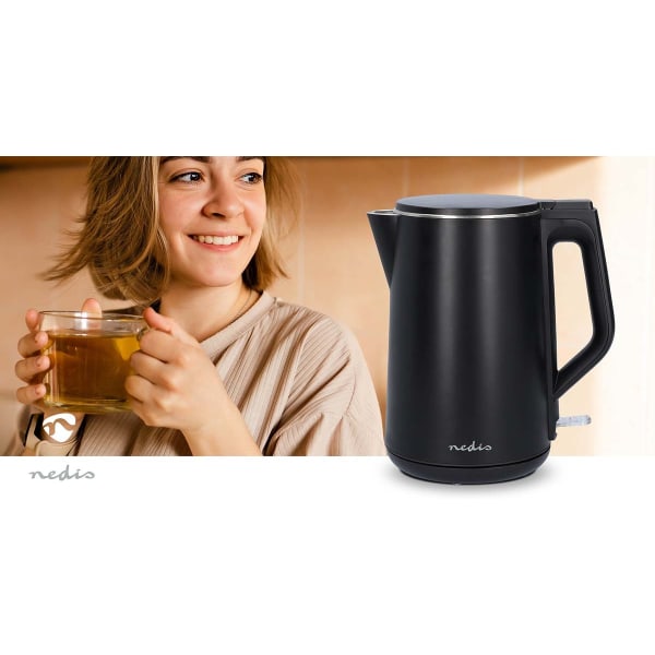 Vatten kokare | 1.5 l | Plast | Svart | Roterbar 360 grader | Dolt värmeelement | Strix® kontroll | Koka-tort funktion