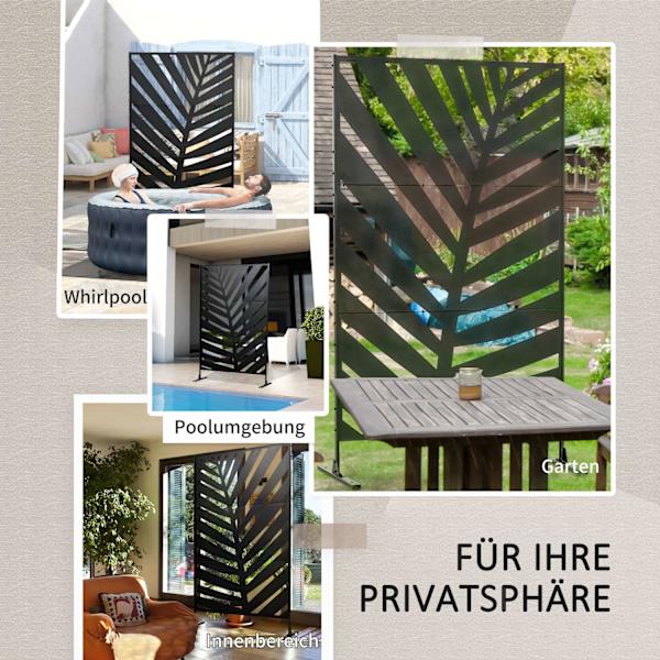 Balcony Privacy Screen -Tilanjakaja Banaanilehtikuviolla, 122X198Cm, Teräsmusta, Puutarhaan Ja Patiolle