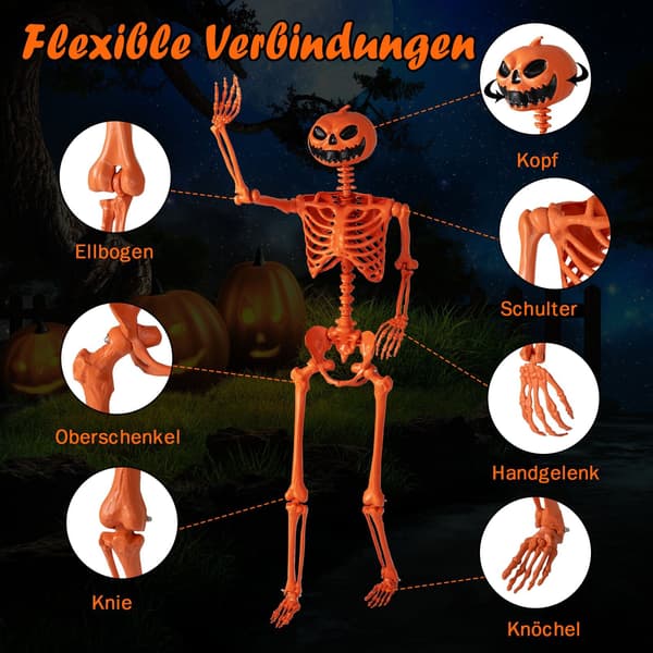 Rörligt 1,6 m Halloweenskelett med pumpahuvud