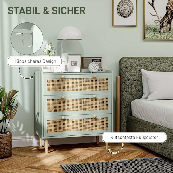 Kommode sideskab med 3 skuffer, skænk med boho stil, rattan look, skuffe kommode til stue, soveværelse, lyseblå 80 x 40 x 87,5 cm