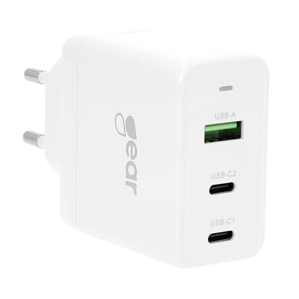 GEAR Laturi GAN 220V 2xUSB-C + 1xUSB-A PD 45W + 18W + 5A (yht. 65W) Valkoinen